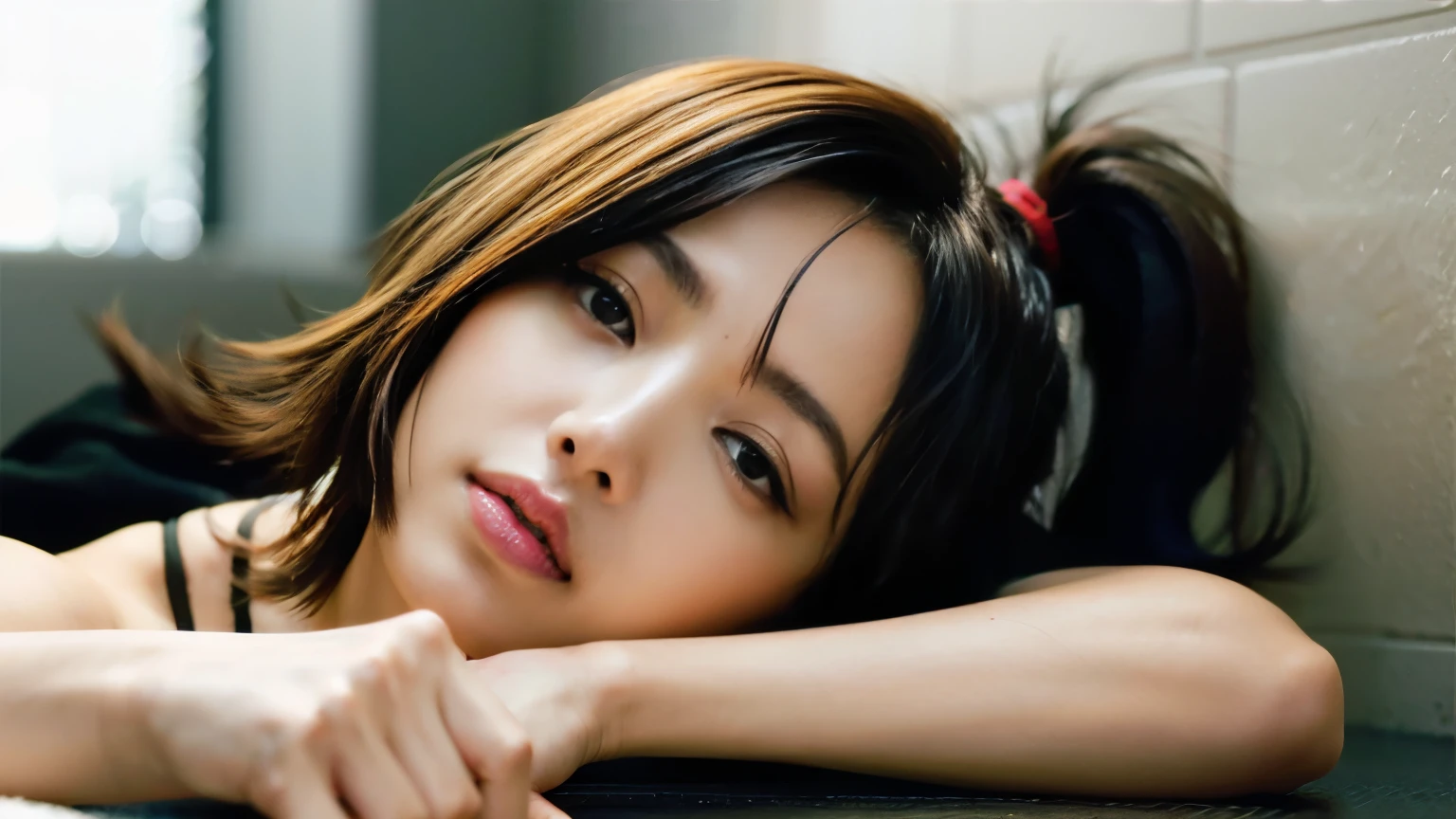 Modern portrait, beautiful woman in her 20s lying down with hands on her face, sexy look at the camera, Instagram model, fitness sporty,
