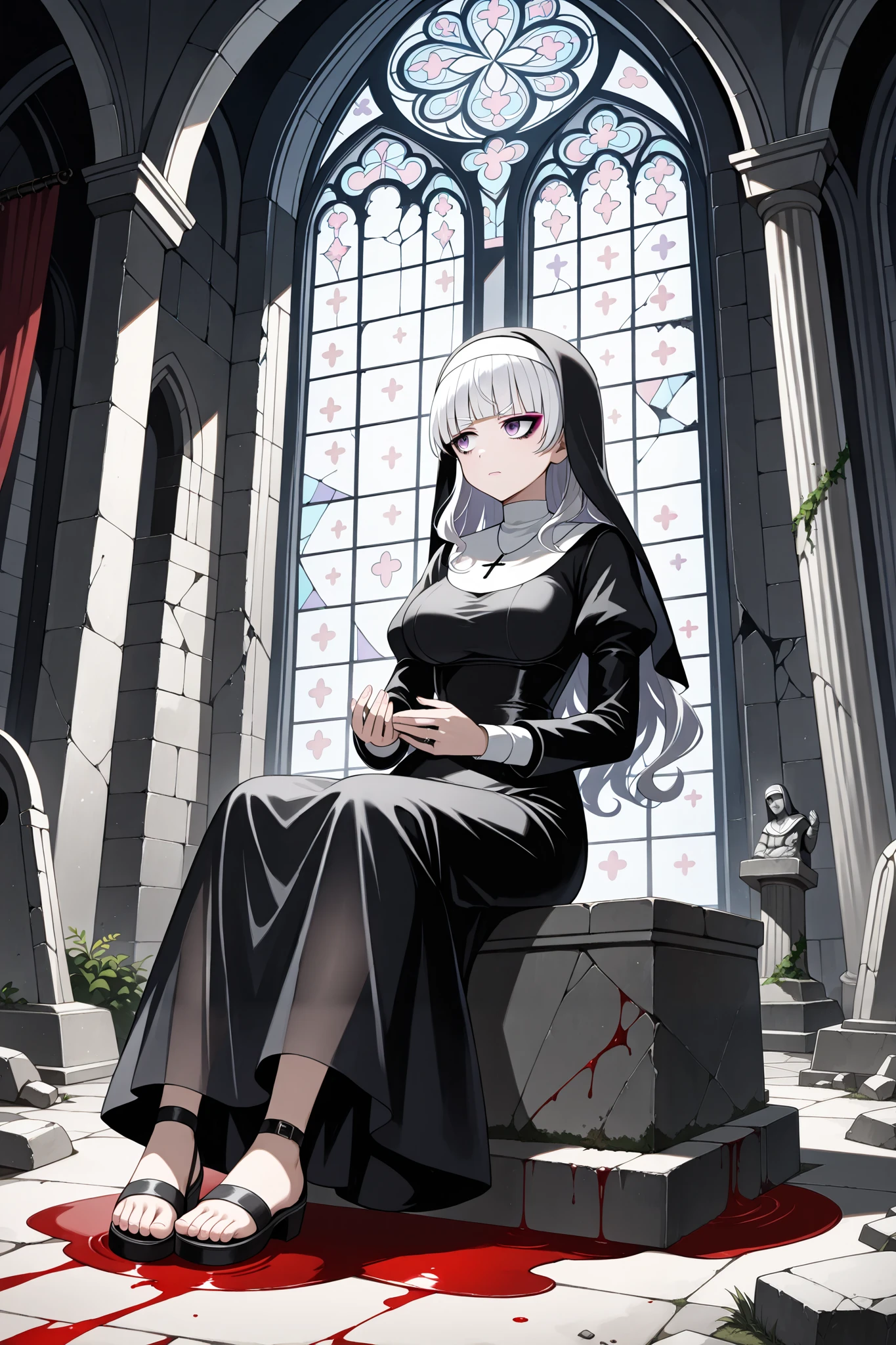 (Ultra-detailed face, Looking away, Gothic Illustration, Dark tone colors. She has five fingers on her hands and five toes on her feet.), BREAK
(Overlooking composition, midnight, medieval Eastern Europe, ruins of an old, huge Romanesque church, jet-black interior, fresh blood stained glass, twisted space, black gas, miasma, Victorian, decaying curtains, rotting furnishings, medieval knight's armor, stone statue of a demon.), BREAK
(A young elf nun stands with her back to the side of the Creedence table in a dark, ruined church chapel. Several thin, white, translucent figures float around her.), BREAK
(She has white hair, white eyebrows, blunt bangs, long wavy hair down to her feet, small pink lips, lavender eyes, dark purple skin, and thick eyeliner. Her eyes are downcast.), BREAK
(She wears a nun's veil and a dark gray nun's habit with black lace ruffles and embroidered religious paintings in crimson threads. She wears modest gray sandals.)