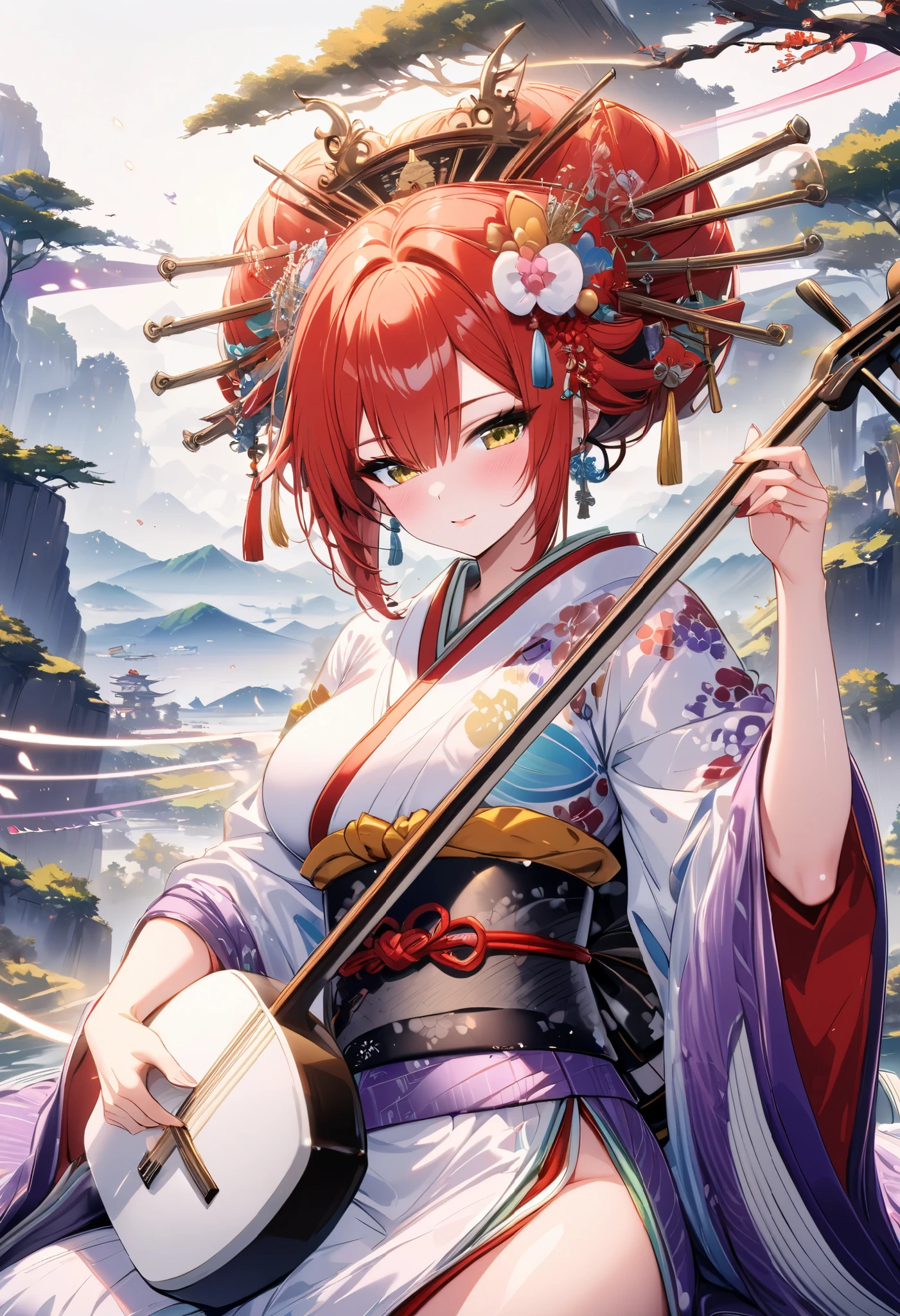 (masterpiece),(absurdres),(ultra detailed),(beautiful detailed),colorful splash art:1.2,Chaos:1.1, cute、 beautiful、Oiran:0.6,(Colorful shiny music-score:1.4),mysterious,(perfect detailed),playing shamisen:1.1,Hold the pick,(holding shamisen),Fantastic,(( solo woman),(26-year-old),(big breast:0.9),(wavy hair:0.7),(long red hair:1.1),hair between eyes,(()),(yellow eyes),(()),(purple kimono),long shot,Original Japanese Landscape,depth view,half-closed eyes,looking down:1.2,椛