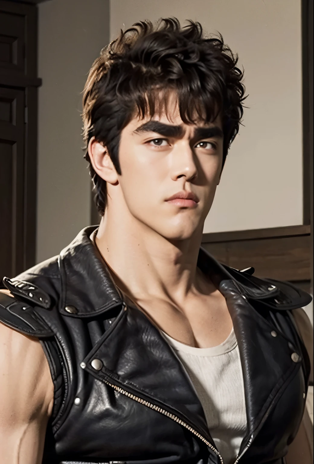 From front,, Kenshiro's Hairstyle , Short messy hair, Brown Hair, thick eyebrows, upper body、(( sunglasses))