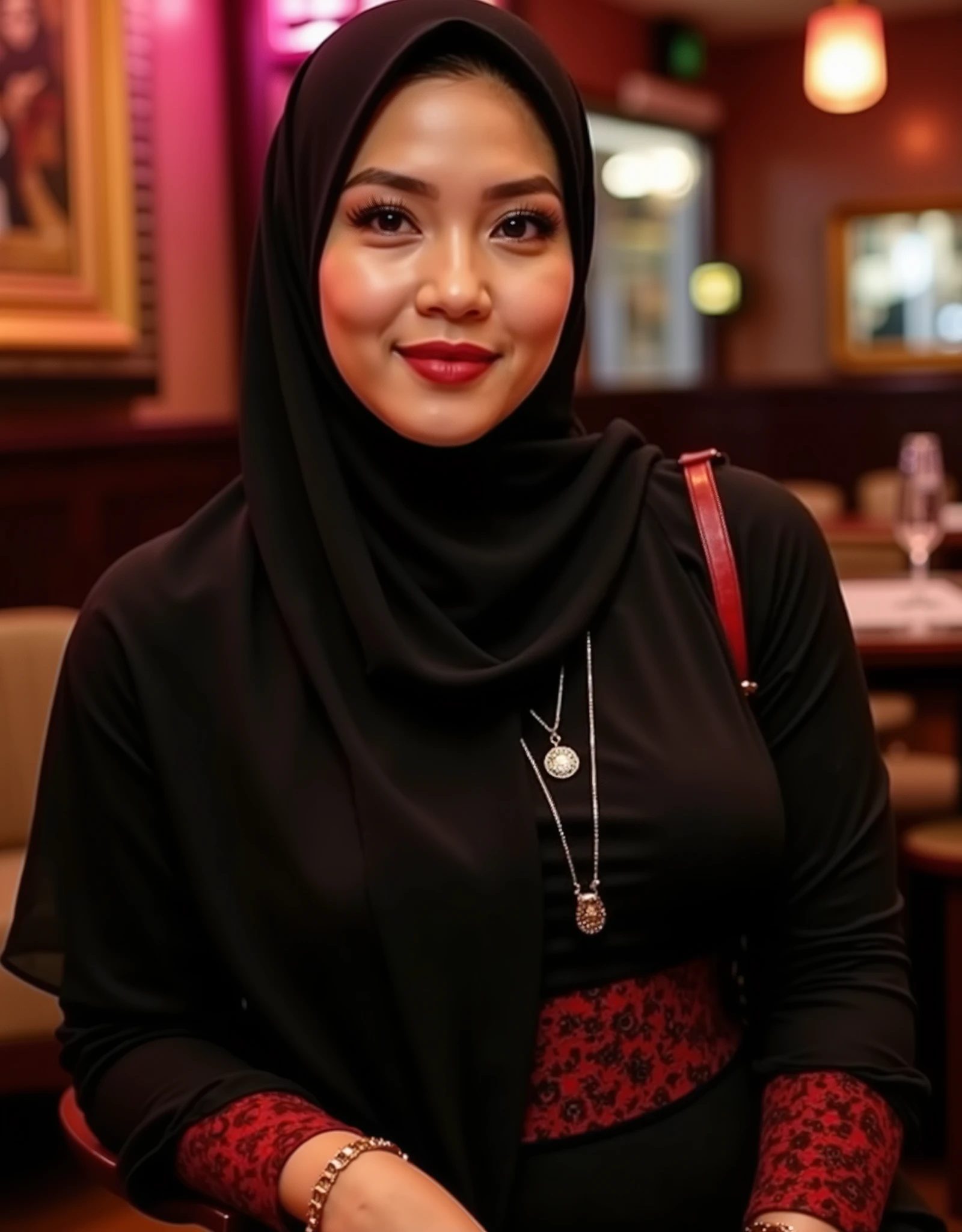 34 Years old, Indonesian MILF, wearing Wide Hijab, perfect curvy body, natural Huge breast : 42.9, gorgeous eyes, Soft smile, wear Gamis, necklace, hairband, Nightime walk, City garden, Excellent lighting, Dark colors, Clean lines, 64MP, Canon EOS 250D, 300dpi F2.