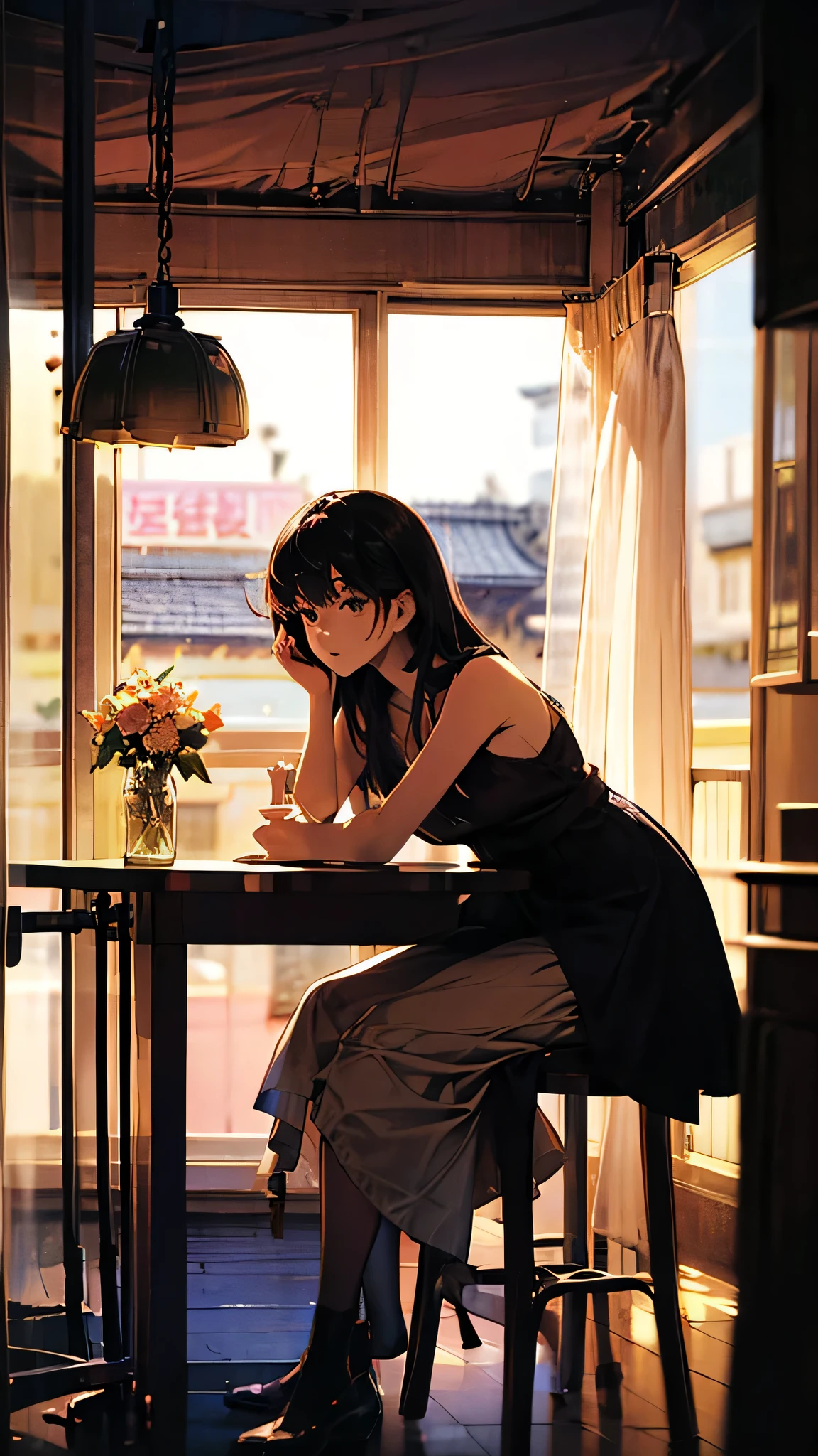 ( top quality、gem、 Hi-Res、 Details)、( Detailed face)、(young men and women)、Cafe、beautiful details background、 Beautiful Anime 、Gentle lighting、 1 girl、 tall boy 1 person 、Different hair colors、 long black hair with bangs and gray eyes、 short blond hair and green eyes 、Sitting across from each other 、Night Light、 beautiful dark haired girl 、Cool lighting settings 、Atmosphere of a nice Cafe