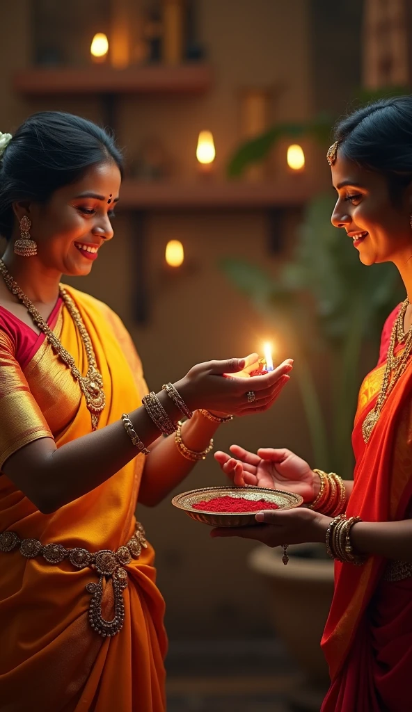 a 21 years old younger sister,a 25 years old big brother,celebrating rakshabandhan,indian culture,siblings,traditional indian dress,beautiful sari,colorful flowers,rangoli patterns,candles,oil lamps,gold jewelry,bracelets,necklaces,earrings,intricate henna designs,smiling faces,warm embraces,family gathering,vibrant colors,detailed fabric textures,photorealistic,cinematic lighting,epic scale,highly detailed,8k,masterpiece