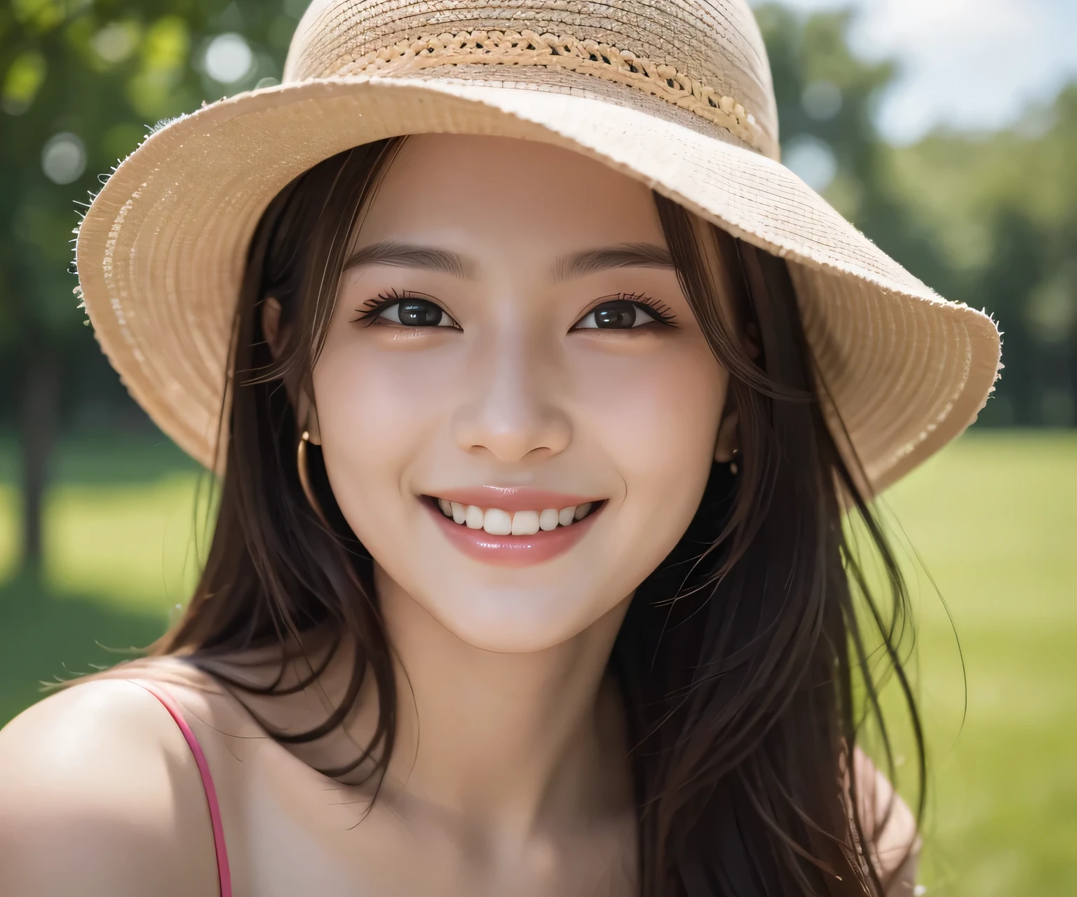 8k, RAW photo, best quality, masterpiece, realistic, photo-realistic, clear, professional lighting, beautiful face, best quality, ultra high res, a woman wearing a hat and smiling for the camera, girl, dau-al-set , a stock photo