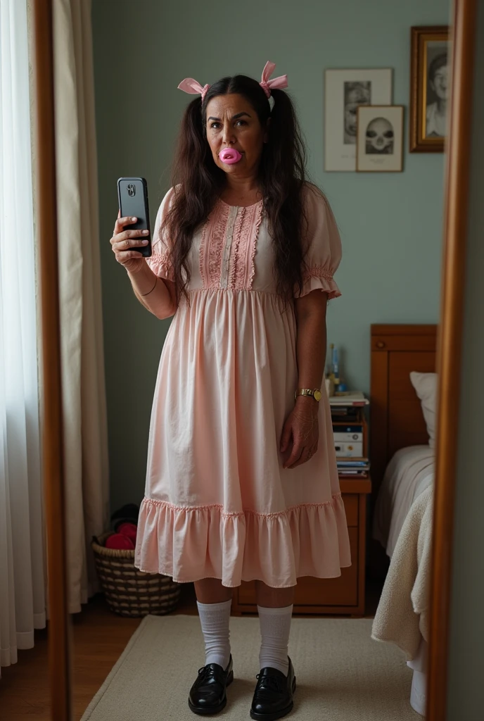 woman with pink hair taking a picture of herself in the mirror, wearing pink hair bow, pigtails, colorful pigtail, wearing underwear, with pink hair, wearing pink panties, back of the hair, roses in her hair, pink hair covered with hairpins, view from the back, curvy and bow, shot from the back, thick bow, insanely inflated hips, beautiful girl, big ass, huge ass, bbw, from behind, thick, thick thighs, wide hips, bbw, big , sideboob, giant ass, side view, big butt, round butt, tight underwear, underwear halfway off, underwear taking off, grabbing ass, ass spilling over underwear, too thick for clothes, side angle, chubby stomach, big , filipina, naked fat ass on sink