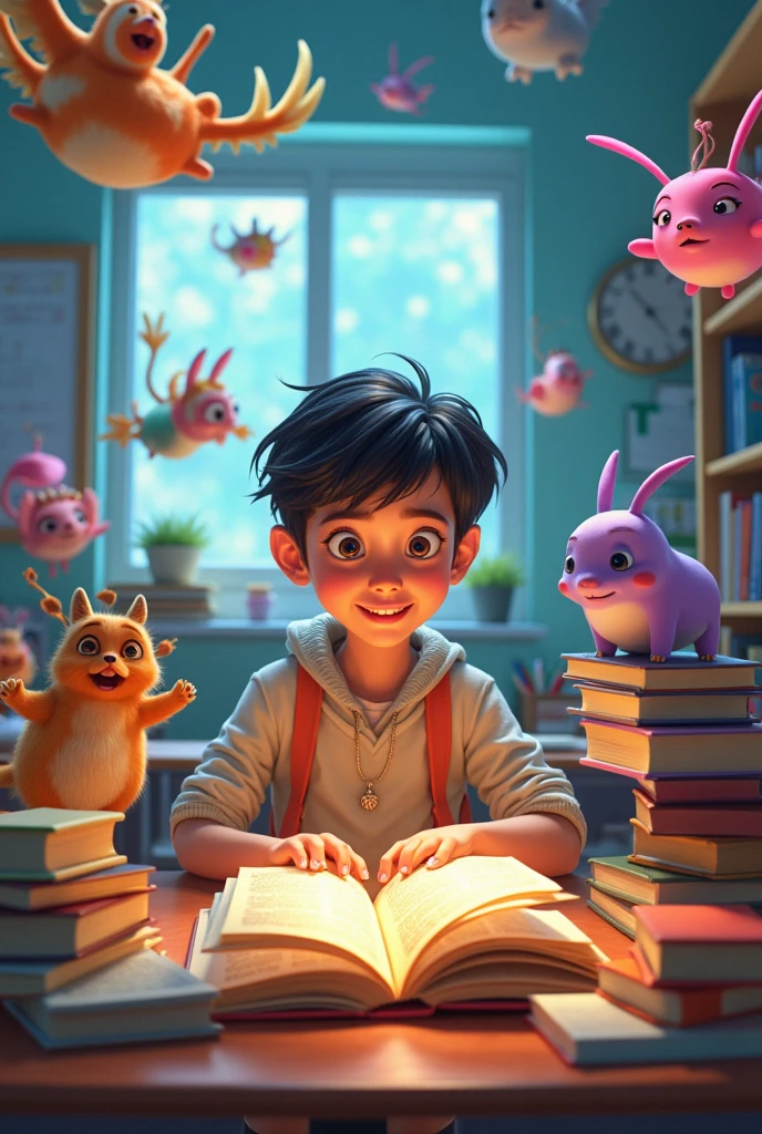 Many mosquito flying or a boy or his behind other students sitting who reading in library chair his hand holding a LA name logo book and one had on his head watching flying mosquito with stress or behind showing Lavansh Library name on the background