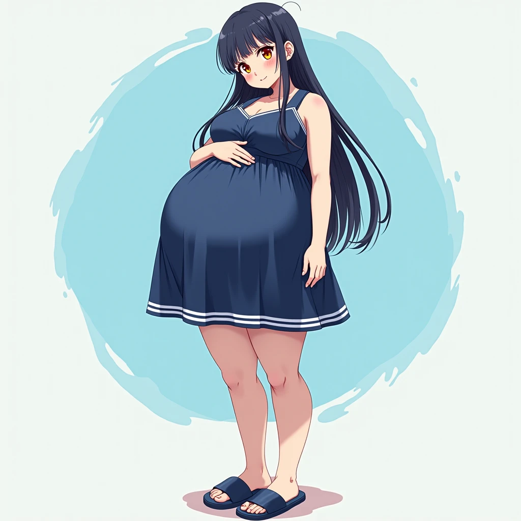 best quality, masterpiece, solo, 1girl,  looking at viewer, outline, curvy, curly hair,multicolored_hair, sundress, pussy peek, pregnant, leaning back, hips forward
