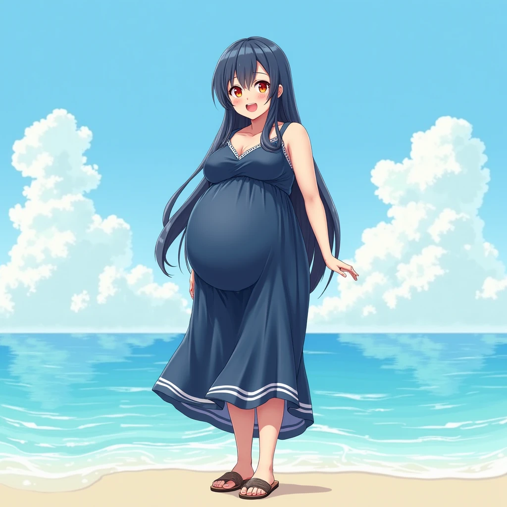 masterpiece、Massive landscape((Mysterious Sea、sand beach))、a beauty girl、huge ilver-haired long、Embroidery on a long dress、Straw hat with floral decoration, pregnant