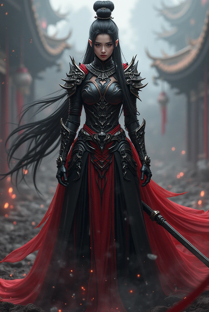 ((((segmented armor, full body, face, long hair, angry, woman)))), khornate assassin, black with red trim, big eyes, teeth, fangs, cinematography, crafted, elegant, meticulous, magnificent, maximum details, extremely hyper aesthetic, intricately detailed, ((detailed face)), sharp focus, long knife, open helmet,
