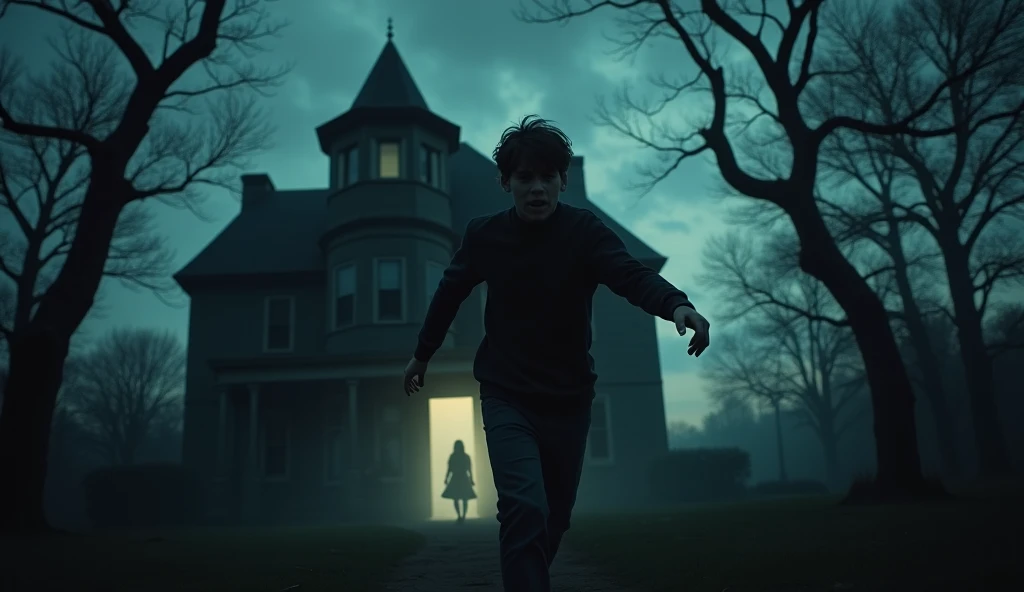A close-up, realistic shot of 10-year-old David lying on the ground of the path leading to the dark mansion, the facade of the haunted mansion in the distant background. The image is full of tension and fear, with dark shadows and fog encroaching on the edges of the frame, David's body seen in the distance, as if he were walking towards the house. Darko, the Bull Terrier, is seen in the image far away from David.