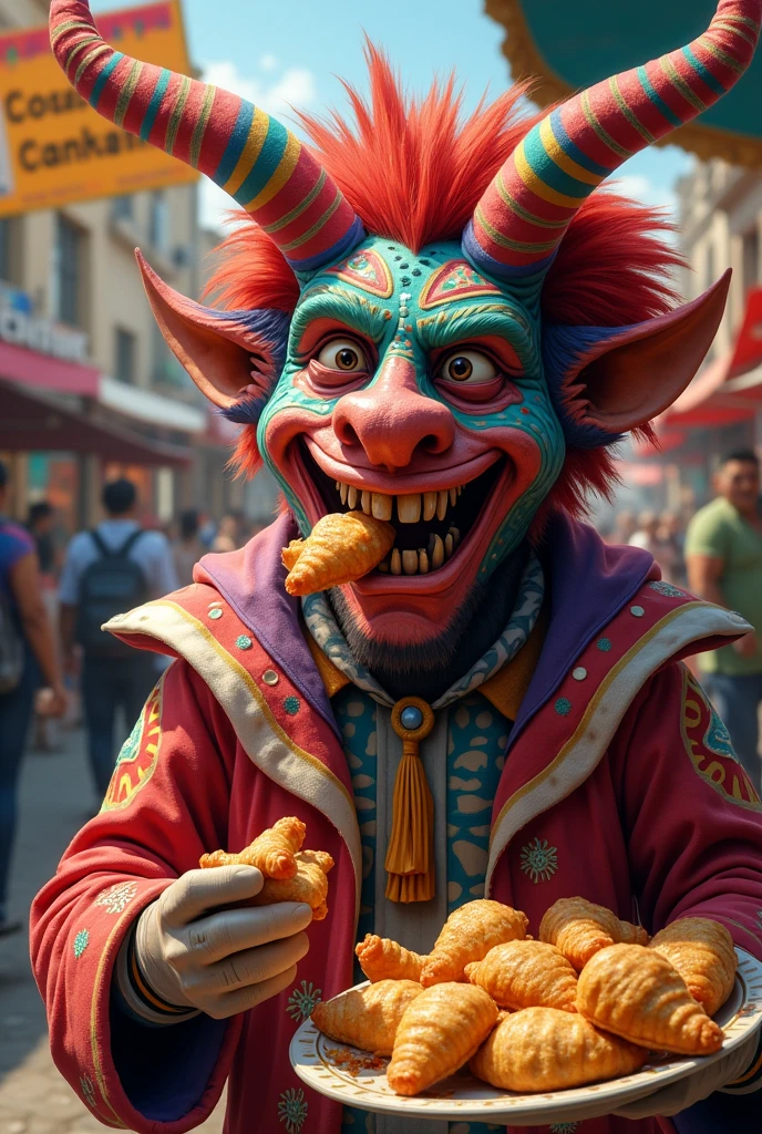 Create imaginative and amazing images demonstrating the style of ((Miscellaneous Academia)), hyper realistic, 8k, vibrant colors, sharp crisp image an illustration of a traditional market guarded by a monstrous demon with a giant body wearing a trilby hat.