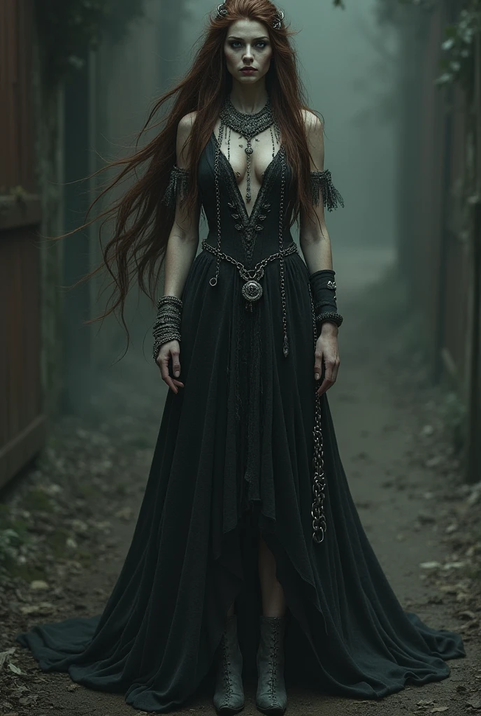Brazilian female vampire, elf ears, brown curly hair, black dress with silver chains, succubus  tattoo down right thigh, choker with a spider and silver rings 

