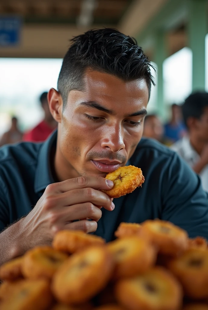 Young man , face perfect, honey eyes , skinny sexy , wearing no shirt, muscular straight rebellious hair, is eating a snack in the favela 