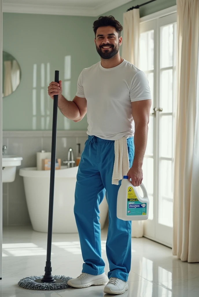 into the image, a cool male teenager with 1,80 tall, with white skin and straight black hair, is posing in a bathroom. He wears a blue t-shirt and beige cargo pants., complemented by a pair of Air Jordan sneakers in blue, black andwhite. The young man is holding 1 pair of underwear (of the boxer model), this underwear is white (of the size he uses) with both hands, showing it to the "Camera", with a happy and relieved expression. The bathroom in the background is modern and minimalist., with details like a large mirror and light tiles. The teenager's expression is relaxed and fun, besides him appearing relieved, giving a casual and informal tone to the image, ele segura 1 cueca of the boxer model de tamanho que esse adolescente usa, He's not wearing any underwear and looks like he just took it off.!