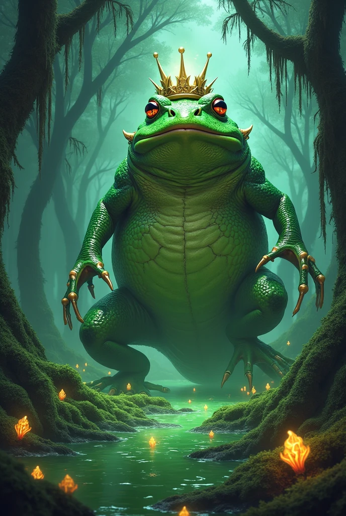 (single), (solo), shaman demonic boggard ((anthropomorphic frog)), frog, fat, anthropomorphism, stands on two feet, biped, long legs, shamanism, ritual accessories, necromancer heavy robe, (magic whip as weapon, whip wielder, tentacle-like whip), necromancer, final villain, boss, horror theme, horror, medieval, middle age, background swamp, 8k portrait render, rendered in unreal engine 5, detailed cinematic render, hyper - realistic render, hyper-realistic render, ultra realistic 8k octan photo, cinematic realistic portrait, (no duplicate eyes), no horn, hornless, no wings, no tail, no duplicate, no clone
