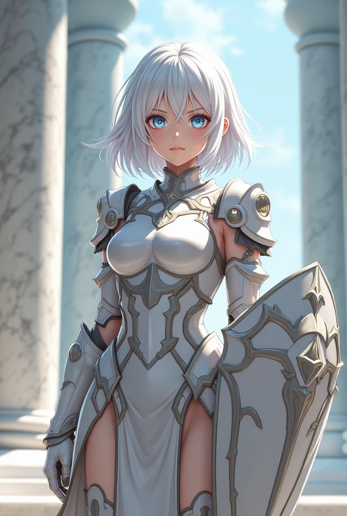 (masterpiece))), (((best quality))), ((ultra-detailed)), (cinematic lighting), (illustration), (beautiful detailed eyes), (1girl), full body, knight, armour, light hair, best quality, expressive eyes, perfect face, Girl: (20s, white hair, short hair, white jumpsuit, grey and blue armour, black gloves, knee boots, white pants), dungeon, brick floor, stone floor, underground, moss, walking, armored leotard, back, back focus, walking