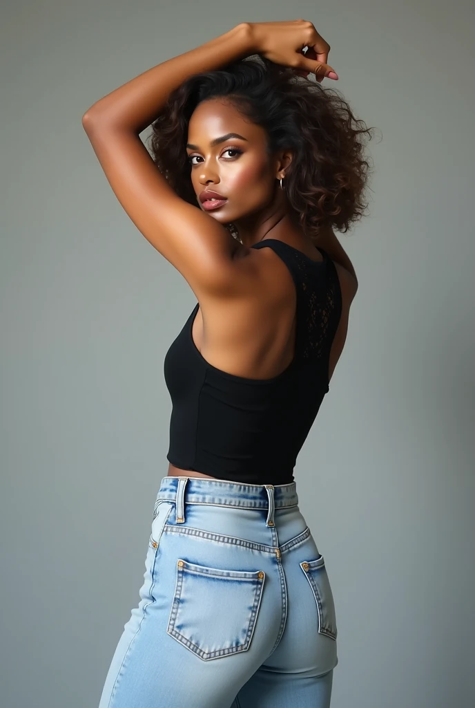 Kizi, age 25, wearing slightly transparent white crop top, posing for the camera, from sideways, looking at observer. erect nippleslips, medium breasts , jeans skinny, tight, open zipper, pants down, showing pubic hair.well shaped ass, Longhaire, brown, high-heels. Background machine shop.
