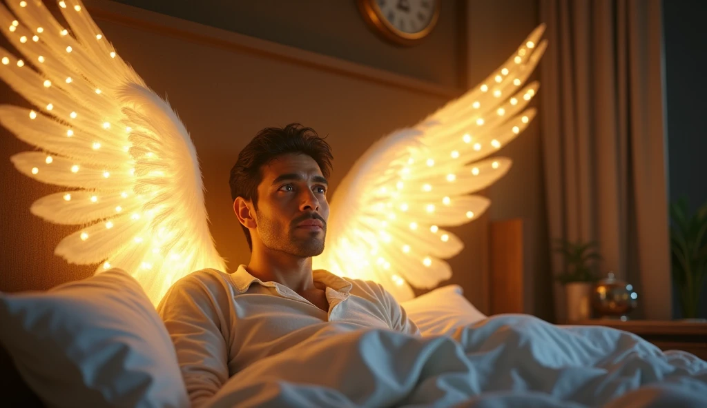 a man sleeping in his bed, with an angel watching him, it's night, high details, and textures in the image, hyper detailed, vibrant colors