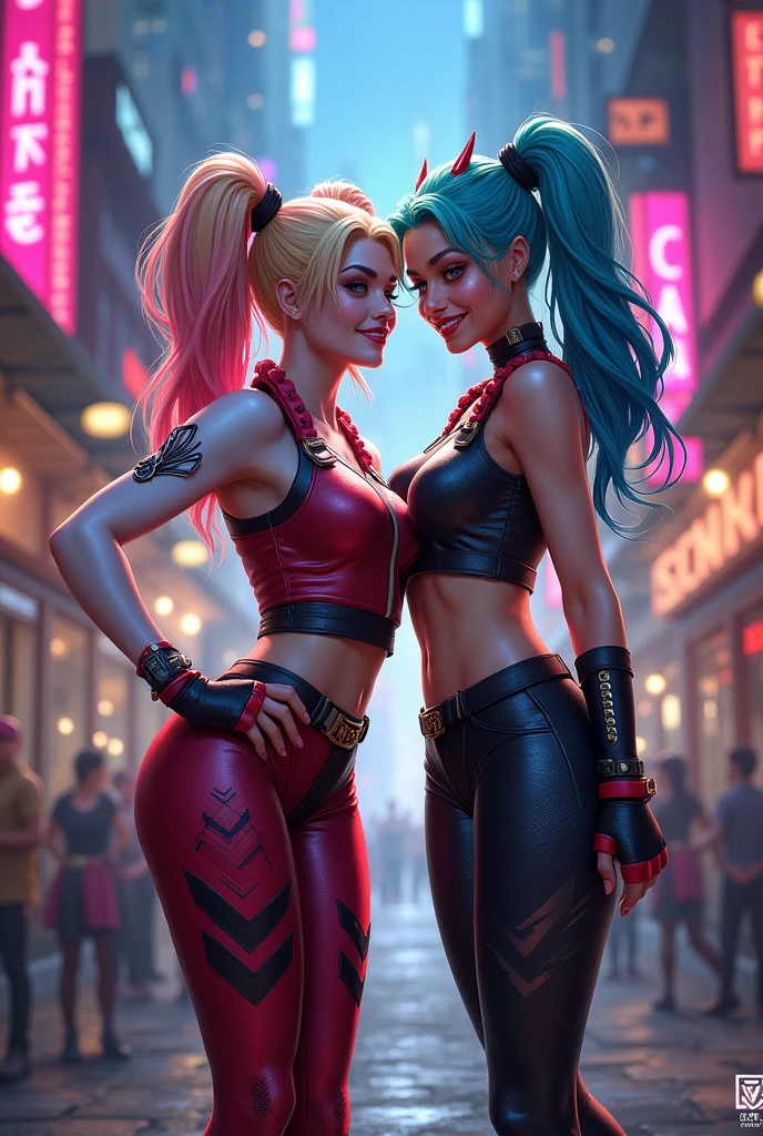 (complex two subjects) best quality,4k,8k,highres,masterpiece:1.2),ultra-detailed,(realistic,photorealistic,photo-realistic:1.37),(Sofía Vergara as the sexy Joker. With her alluring charm, she embodies the mischievousness and playfulness of the character. Her eyes captivate with their mesmerizing gaze, drawing you into her world. Her detailed lips, slightly parted in a seductive smile, add to her allure. (Sofia has Iconic Joker makeup, iconic Joker hair dye, and insane sexy hair))(subject 2), Kelly Hu takes on the role of Harley Quinn, exuding a distinct sense of craziness and mischief. She flirts with danger and steals the spotlight with her flirtatious expressions and exaggerated gestures. Her vibrant makeup and colorful hair reflect the colorful chaos that surrounds her. The scene is set in the immersive world of Gotham City, with its dark and brooding atmosphere. The city skyline, illuminated by the neon lights of the Joker's antics, creates a haunting backdrop. Both characters are armed with Joker weapons, showcasing their dangerous and unpredictable nature. Sofía Vergara wields an intricately designed weapon, showcasing her power and control. Kelly Hu's weapon complements her wild and unpredictable personality, adding an extra touch of chaos to the scene. The color palette leans towards vibrant and bold hues, reflecting the flamboyant and larger-than-life personalities of the characters. The lighting is dramatic, casting shadows and highlighting the characters' features, adding depth and intensity to the scene. The resulting image is a high-quality masterpiece that captures the essence of these two iconic characters, bringing them to life in a visually stunning and immersive way. (show both women, full body shot, head to toe)