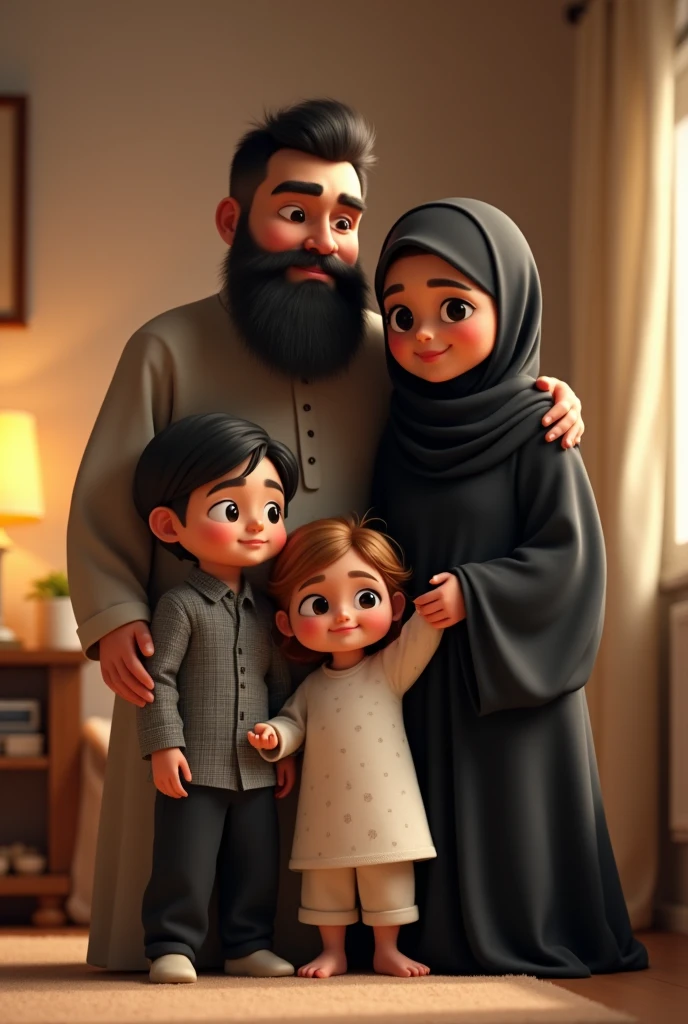 Cartoon
 Muslim wife with niqaab black
Bearded husband with white thowb and muslim cap
 8 years old girl
4 years old boy
6 month old girl