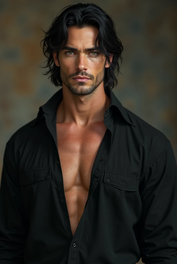 young sportive European man, with very long black hair , red eyes , smirking, dressed in a unbuttoned shirt,slowly undressing
