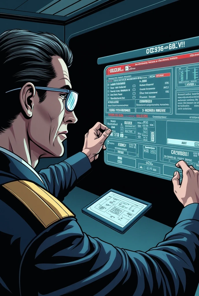 Major General middle-aged man, background is a large scientific observation post with many large screens, surprised expressions, upper body display