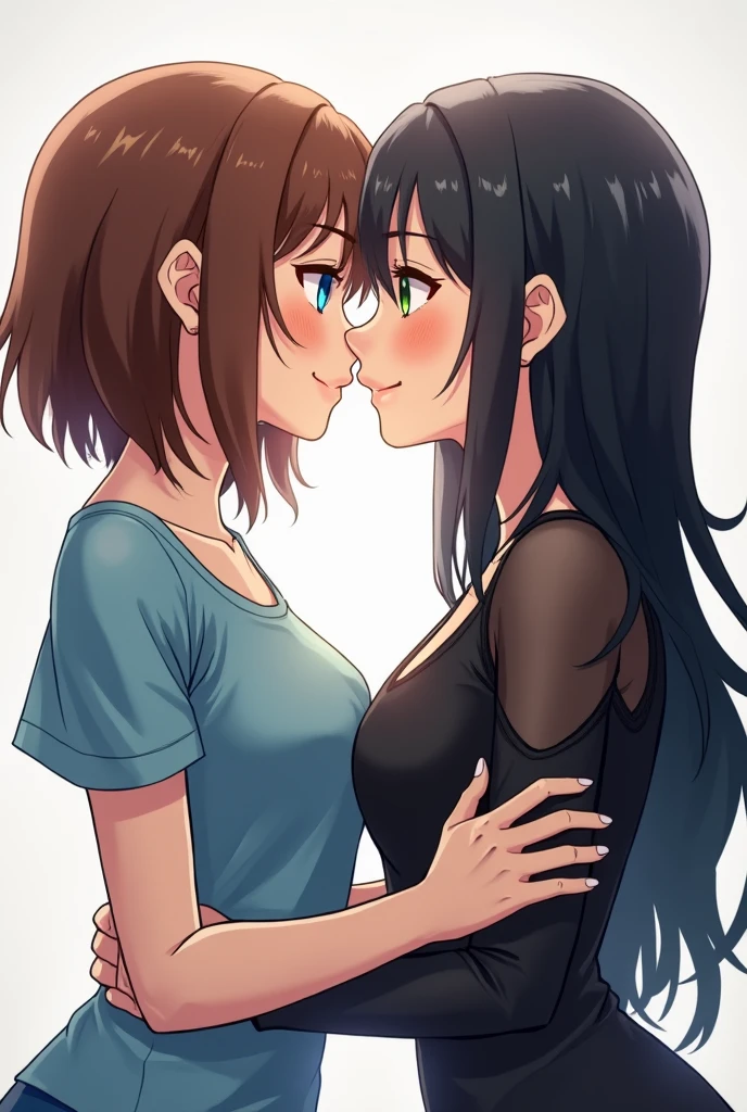 girl, a little brunette, black slanted eyes, medium-short black hair, somewhat wavy, dominant, kissing a , white, almond-shaped green eyes, somewhat long brown hair