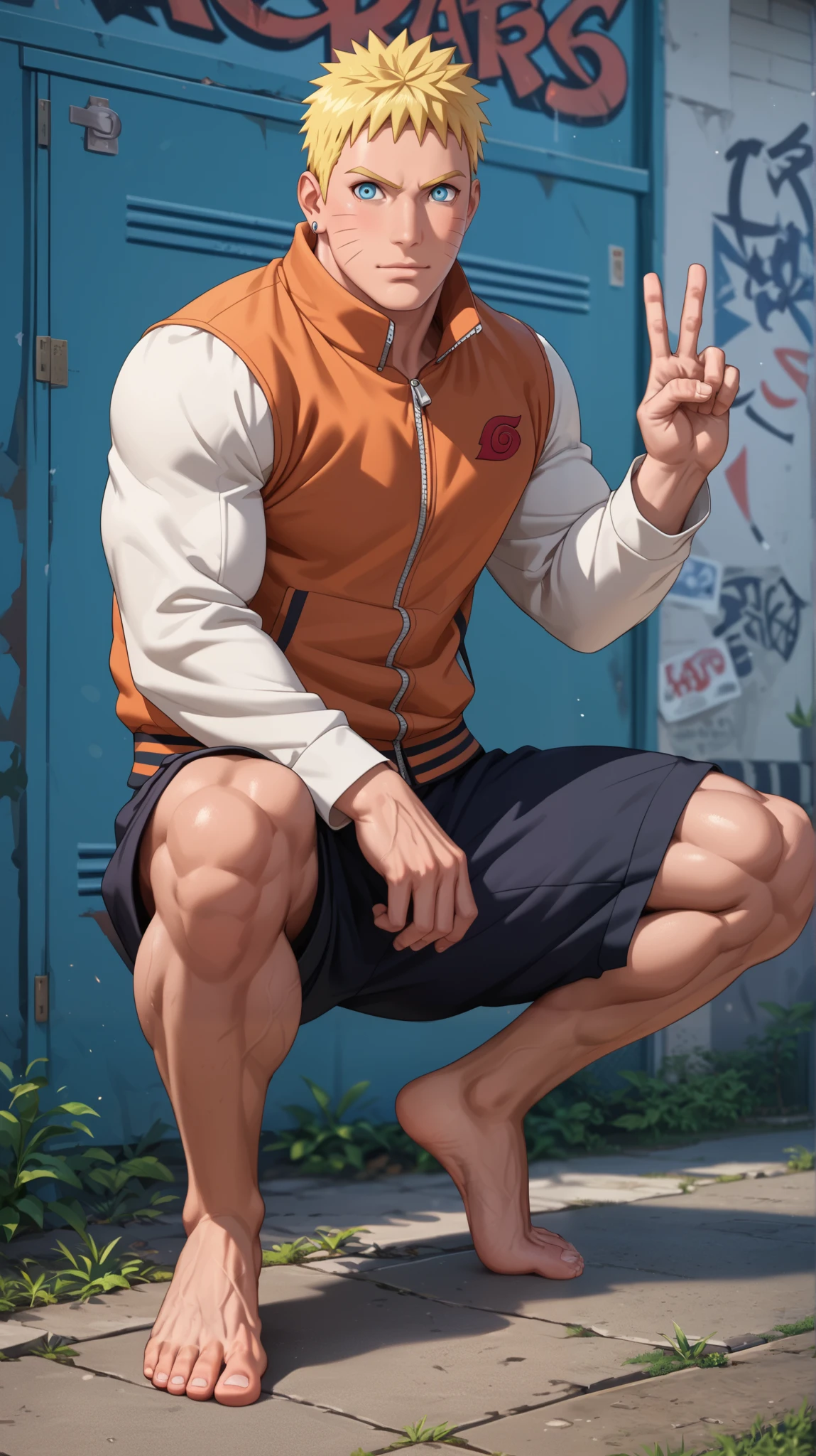 score _9, score _8_arriba, score _7_arriba, score _6_arriba, score _5_arriba, score _4_arriba, source _animated, Label 1, Label2, quality_ masterpiece, Anatomically correct , naruto, mature man, Elements of hip hop , BREAK ,action_squat, squatting, jacket, (( without pants muscular legs, bare legs , marked leg muscles)) , barefoot large detailed feet , Hand sign , West side , Hip-Hop Culture, Graffiti. NSFW