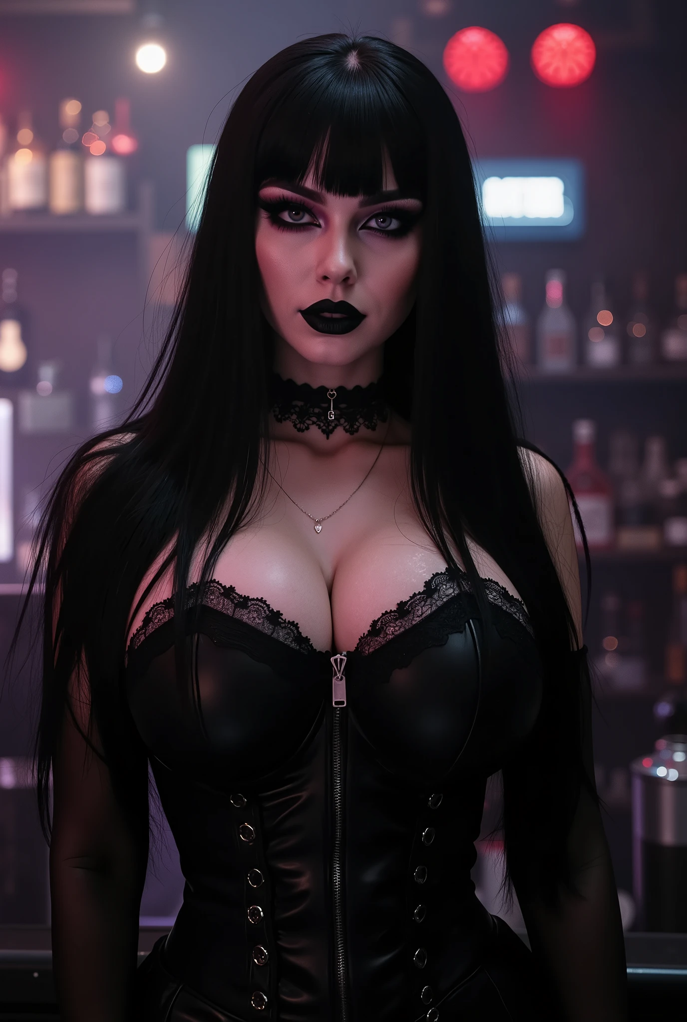 Gothic on a bar stage playing guitar, Gothic face makeup , straight and very long black hair ((Bimbo))