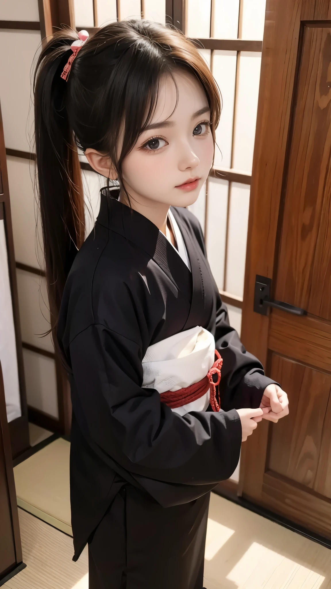 Elementary school girl with long black hair wearing a white kimono and black hakama