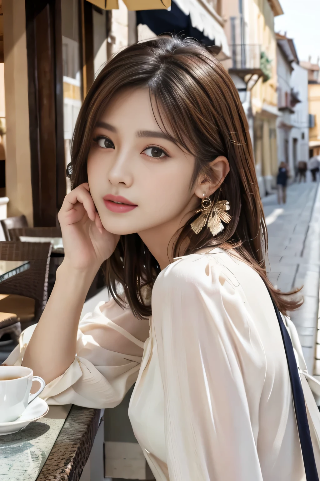 masterpiece, Highest quality, Realistic, Very detailed, Finer details, High resolution, 8k wallpaper, One beautiful woman,Wear a nice blouse, On the terrace of a lovely cafe, at noon, Light brown messy hair, Perfect dynamic composition, Beautiful and beautiful eyes、Big earrings、