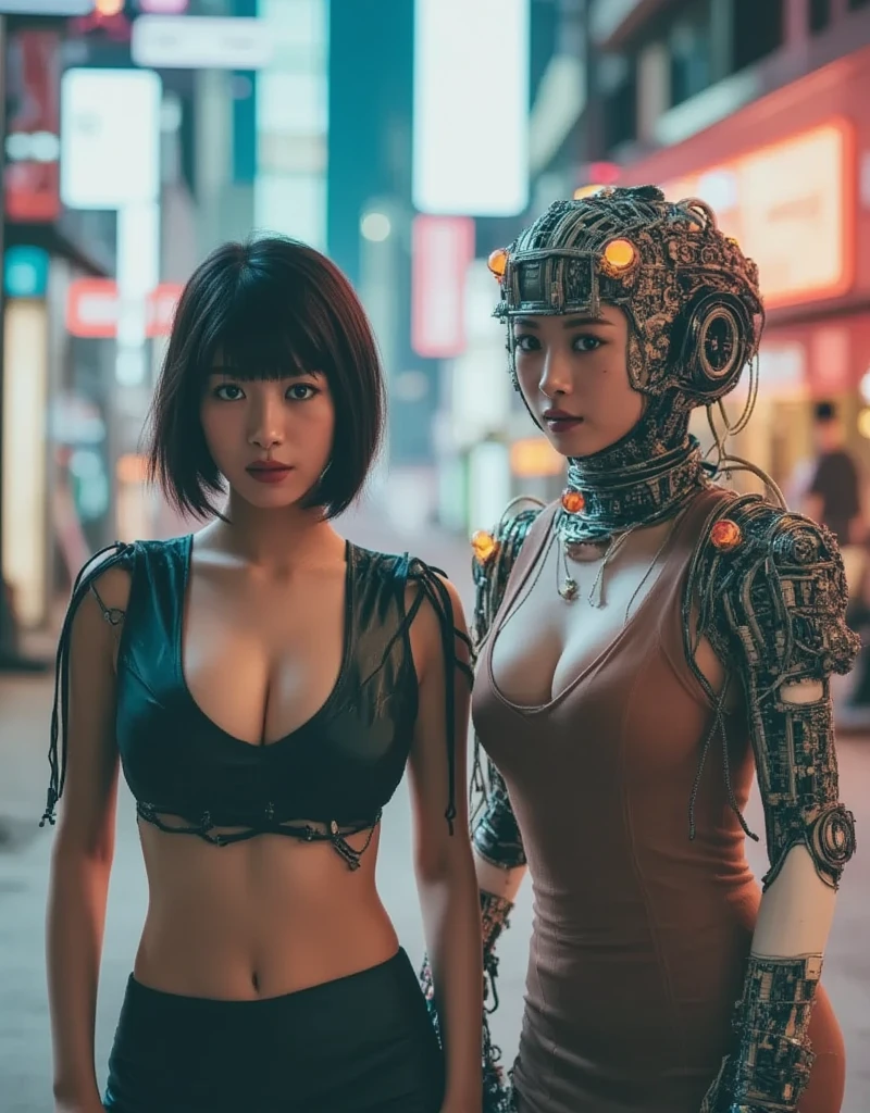 (Beautiful Asian identical twin cyberpunk girls (facing camera)), cowboy shot, ((ultra detailed neon cyberpunk futuristic city )), black long shapeless hair, detailed and intricate ((cyberpunk city streets background)), featuring high-tech holographic projections and sleek architecture, art by (((Syd Mead, Masamune Shirow))), (highly detailed photo realistic), sharp focus, ultra high quality, vibrant, (big breasts:1.7), shiny latex is black, latex stockings, long shapeless hair, (shiny skin:1.4), shiny lips, (symmetrical detailed face:1.7), toned, sexy, masterpiece, (cinematic lighting).