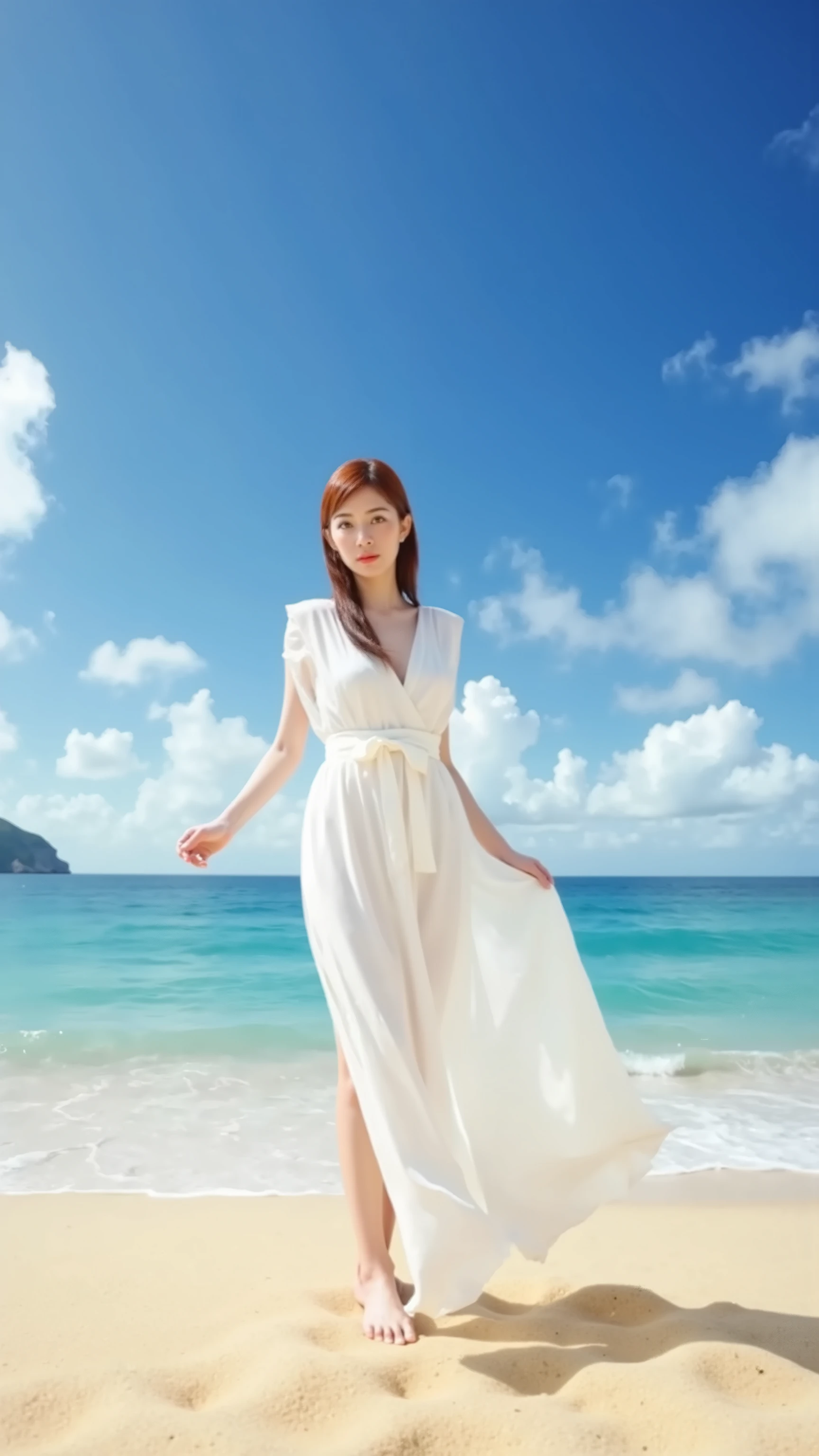A high resolution photograph of a Japanese woman in a white dress standing on the beach, blue sky and clouds, creating a beautiful and fresh scenery.