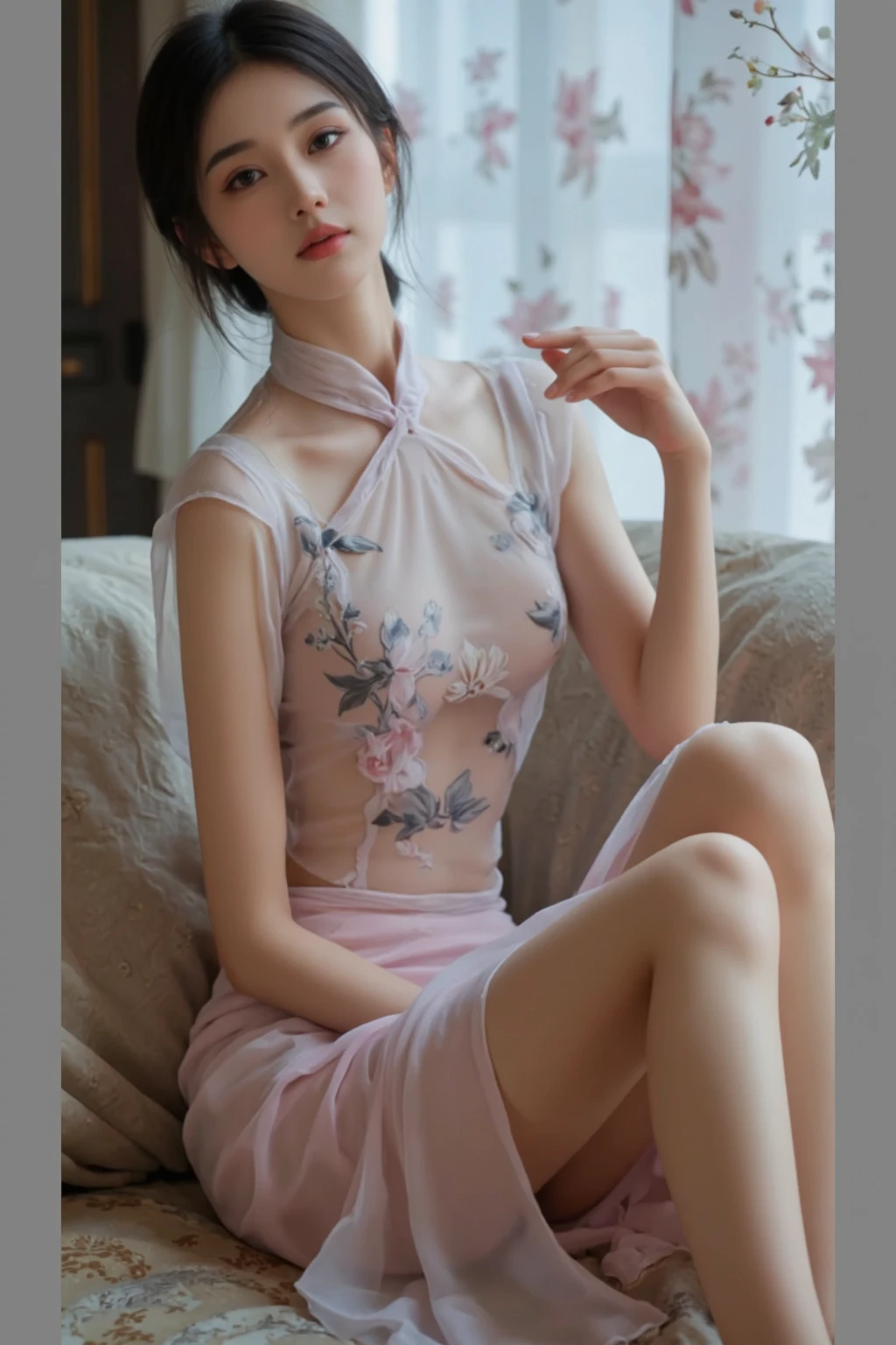 fashion model 18 years old [[[[Close-up cleavage]]]], [[[[]]]], [[[[Cole]]]], [[[[bshoulder]]]], perfect eyes, perfect iris，perfect lips，perfect teeth，Perfect skin，fair skin，Soft headlight，high dynamic range，((Pink Chinese cheongsam))，elegant posture，elegant movements，The background is Chinese interior decoration，Green trees outside the window，peach blossom，4k ultra high definition, ultra high resolution, (lifelike: 1.4), best quality，masterpiece，Ultra-diluted，（pastel colors：1.2）