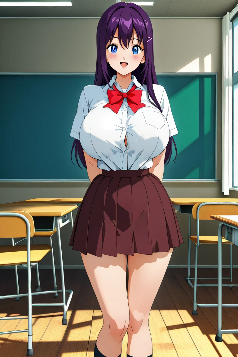(masterpiece, best quality, ultra detailed, absurdres:1.5), 1girl, grunt (sexy, beautiful woman, perfect face, perfect eyes, perfect female body, medium breasts:1.5), (CLOTHING_BibleBlack_SchoolDress_ownwaifu, long hair, black vest, red skirt, white shirt, collared shirt, suspenders, , black thighhighs, zettai ryouiki, necktie, long sleeves, pleated skirt, red necktie, loafers, ), (standing, indoors, Japanese classroom), perfect lighting, smooth, hdr