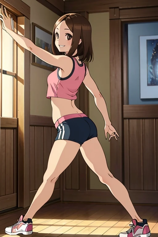 (realistic),(fotorrealistic),Takagi_San,  a girl in, height 155 cm ,  lamp,   brown hair,  partial fringe ,  brown eyes,white crop top, big, plentiful breasts ,（ exposed abdomen）, Pink Training Shorts ,black sneakers, detailed, smile,  looking at the viewer,masutepiece, big ass, full body,   best quality, volumatic light,  Ray Tracing , the Extremely Detailed 8K Unity CG Wallpapers, smile, The background is a dance studio , light, Fantasy , magic sparks ,