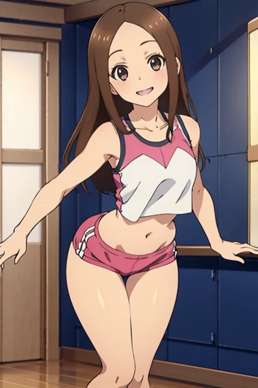 masterpiece, best quality, highres, Tachibana Arisu, 1girl, solo, busty, small breasts, brown hair, long hair, ribbon on behind head, sport bra, short skirt, looking at viewer, full body, standing, simple background, (erotic pose:1.4), blush, flustered, (Crotch panties exposed:1.3), ((arms behind head, double armpits, crouching down, half-squat, Open the crotch before:1.3)), Half body, upper body, In the middle, symmetrical,
