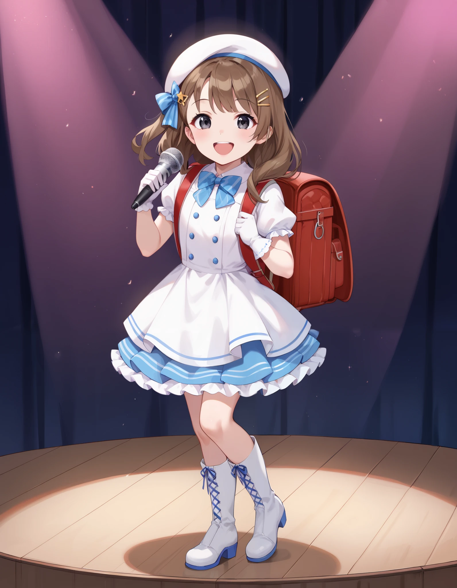 (littlegirl) (solo) ((cute dress)) (colorful dress) (idol dress) (slender body) (thin body), (brown hair) (black eyes) (longhair), happy and confident expression. full body, stage, long hair, hair clip, hair ribbon, hair ornaments, (ch1ldren playing), short girl, long straight hair, thin legs, flat chest, flat breasts. (happy, smile, cheerful), white gloves, beret, white headwear, hat bow, bowtie, short sleeves, puffy sleeves, frilled dress, boots, white boots, stage, smile, open mouth, holding microphone, wearing randoseru backpack, red backpack, red backpack, singing, singing on stage