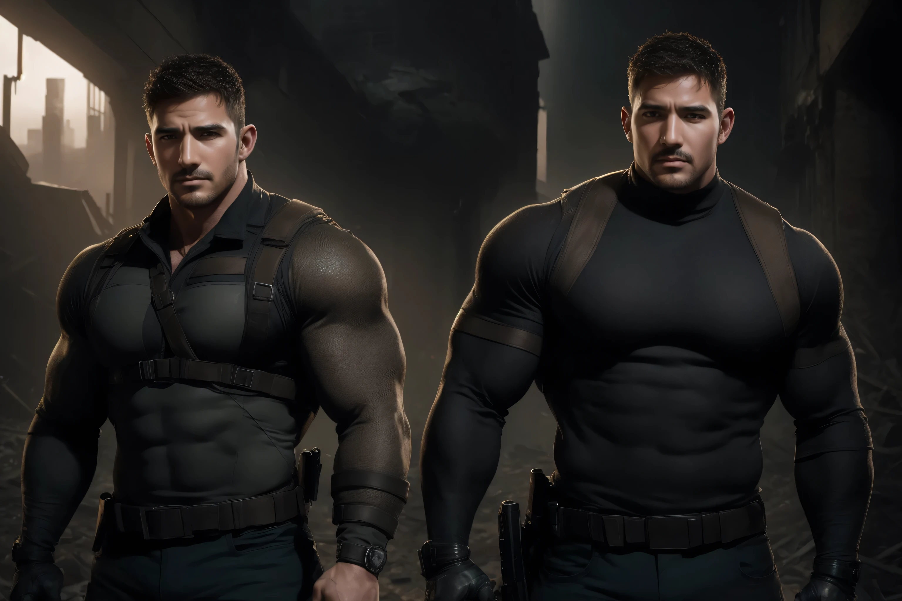 Chris Redfield resident evil, leaning on a wall, holding a pistol, Muscular, nice abs and biceps, nice crotch bulge, his erection print curve towards left is not exposed, UHD HDR, full body shot in ruined city background in Landscape mode,