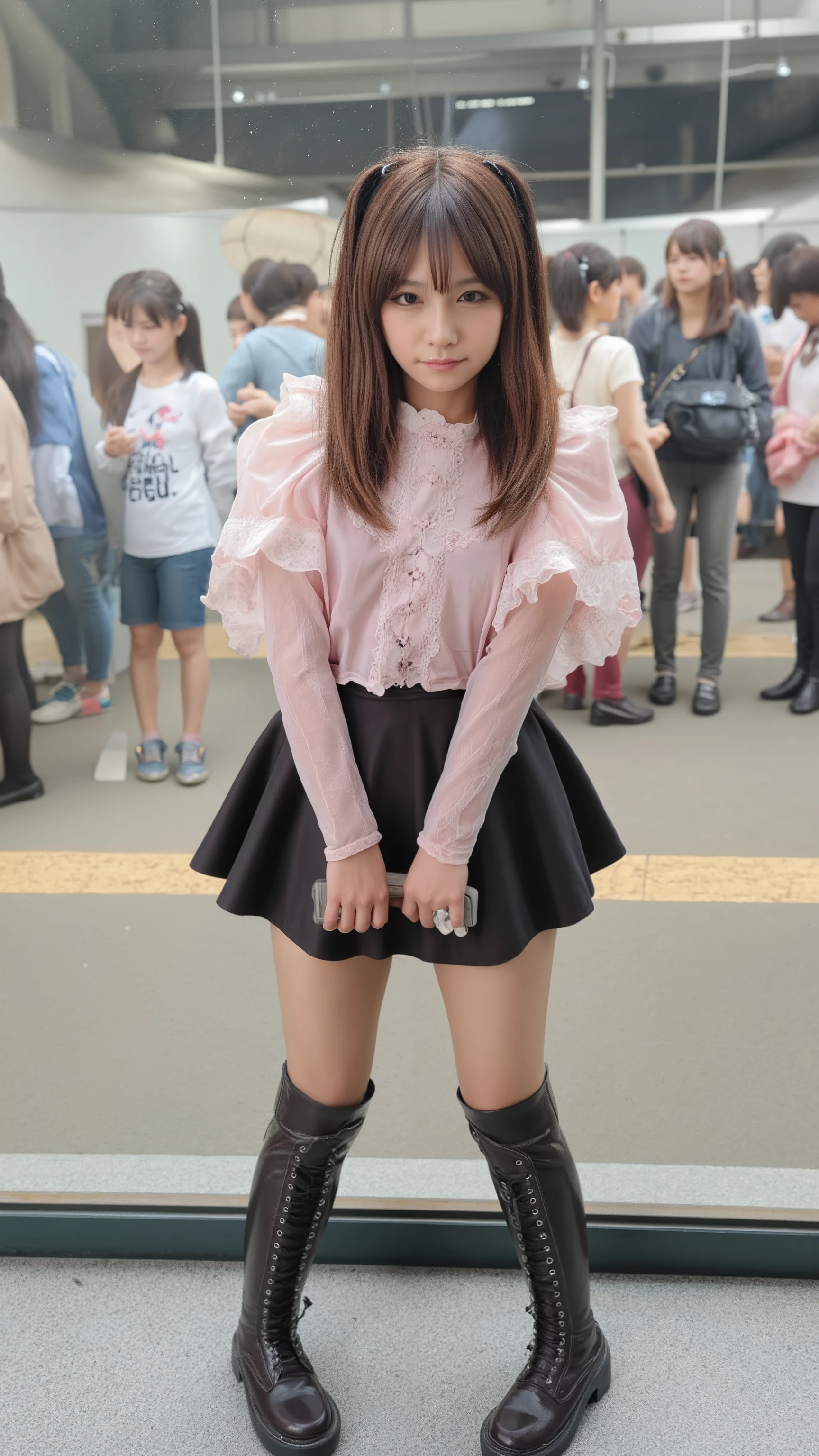 Japanese girl in her s wearing minefield fashion standing on the platform of a train station in Tokyo where many people come and go、Keep your long hair together with a hair clip、Wear a light pink lace layered ruffle bijou blouse with open shoulders and a black lace-up high-waisted flared miniskirt、Wearing over-the-knee socks、Are you wearing thick soled lace-up shoes、The hair has a pink inner color、I'm wearing mine-type makeup、 pink eyeshadow、I'm holding my smartphone in my hand and staring at the smartphone screen、 front angle showing full body boots、Accurate portrayal of people