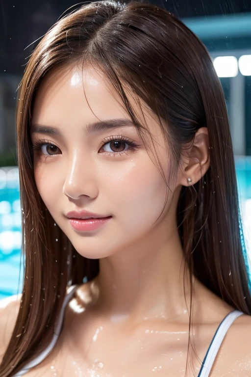One Girl,Very cute girl at 16 years old,Big eyes:0.5,The face is facing straight ahead,Body facing forward,Beautiful nose,Fuller lips,Short black hair,ponytail,Detailed eyelashes,Thin eyebrows,Symmetrical eyes,Face close-up,White swimsuit,Portrait,View Viewer, half smile:0.5,