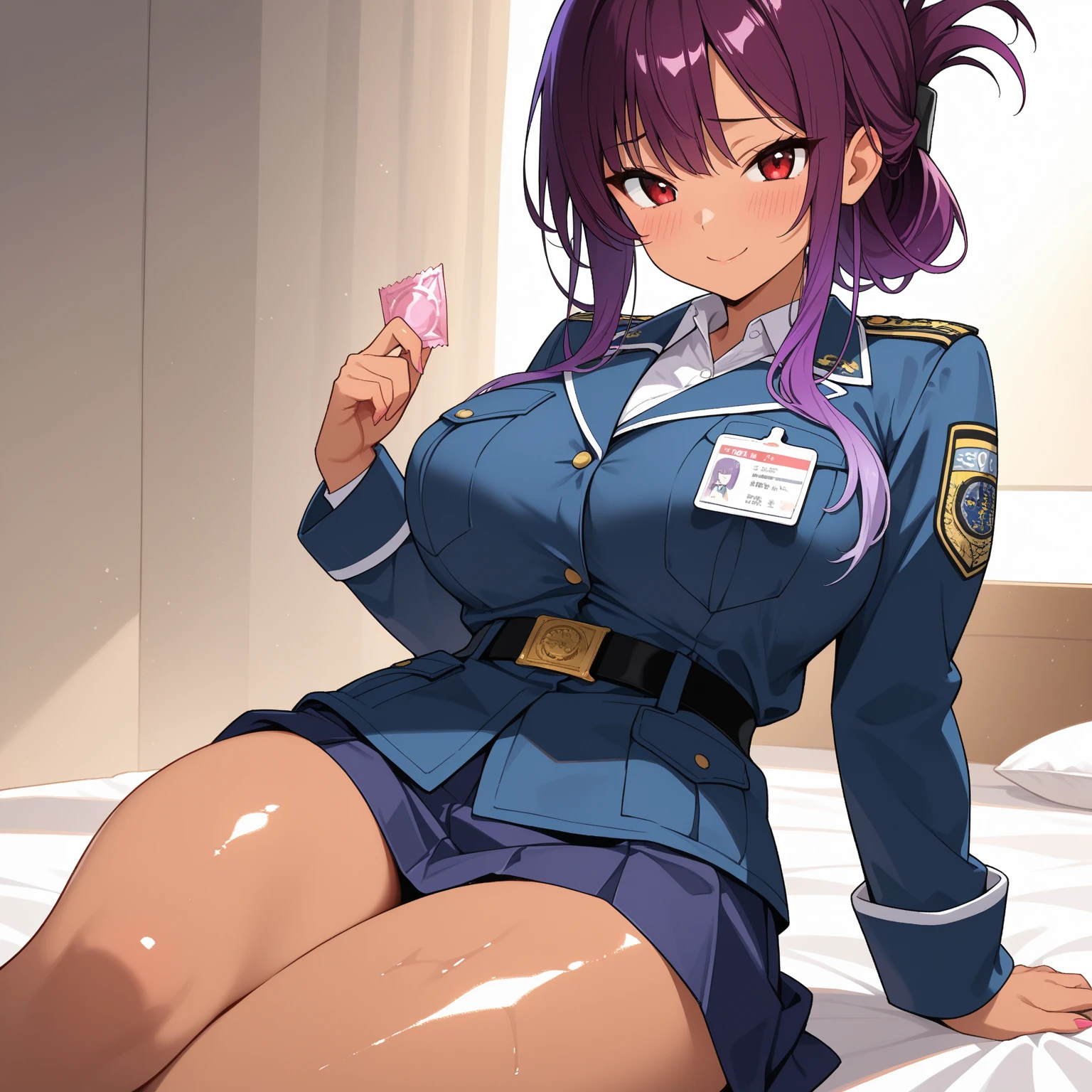 1girl, nurse uniform, (dark fantasy theme), large breasts, cleavage, fit body, standing, cowboy shot, short purple hair, brown eyes 