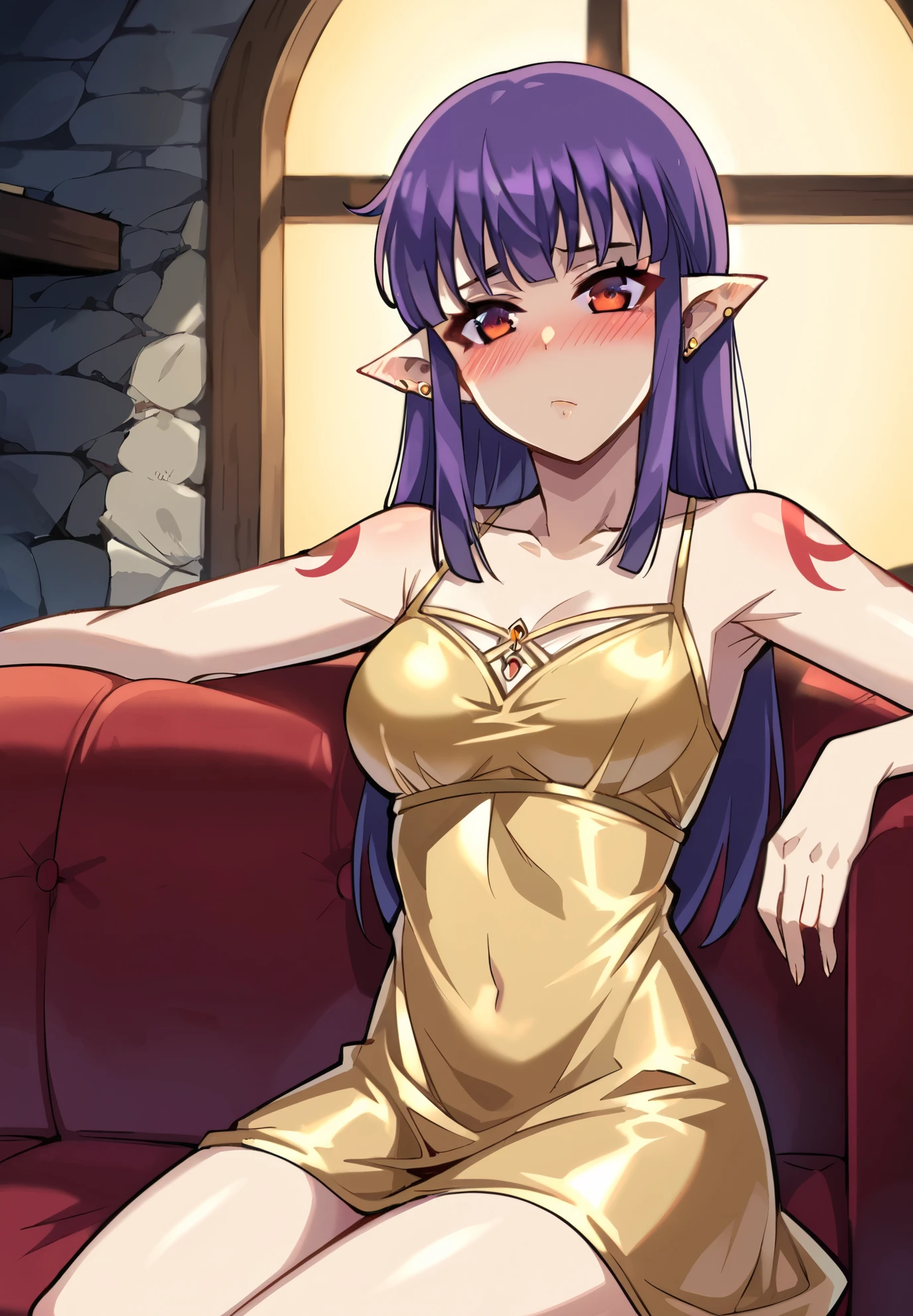 1girl, Esil, red markings under eyes, pouting, piercings, blush, golden dress, sitting on a couch, sexy pose, lustful, BREAK, night time, mountain cottage, cinematic lighting,