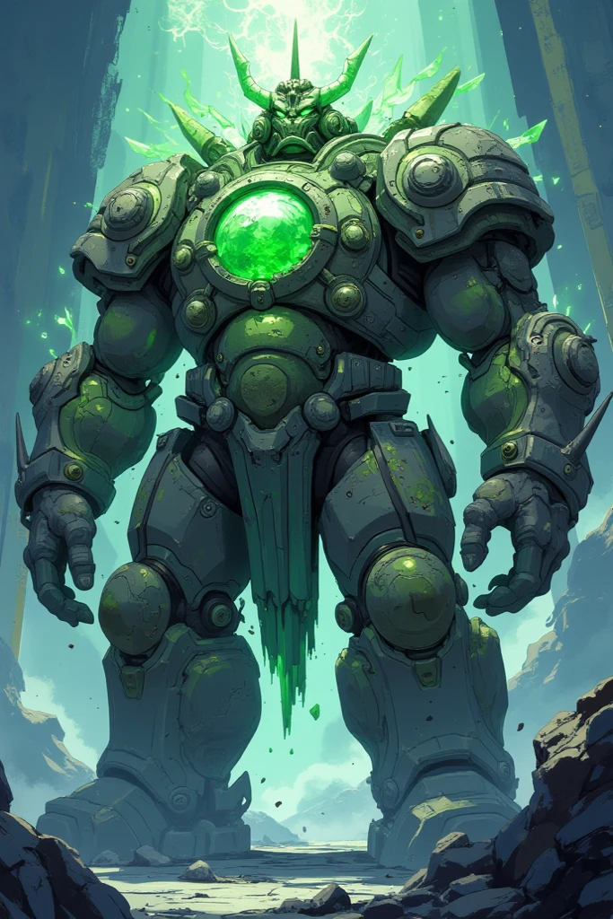 golem. anime. Round rock joints form your body. anime. A huge green crystal on your chest. Disheveled body