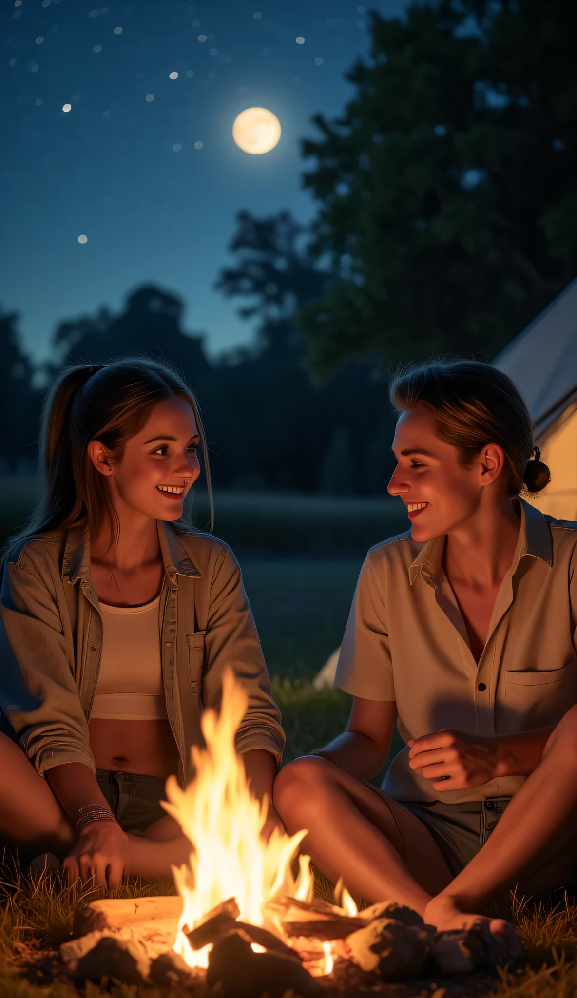 **" A warm summer night under the starry sky . A fire crackles in the middle of the stage , cast its flame warm the light on the faces of the seated couple . The starry sky stretches over them , and the big bright moon illuminates everything around with a silvery glow. Behind them is a tent , slightly illuminated by the reflected light of the campfire . A girl with freckles on her face sits by the fire , relaxing . She is carelessly wearing an unbuttoned shirt is draped , and underneath her is her tight shirt , figure that emphasizes her . The light of fire reflects in her eyes , and his lips are curved in the gentle , with a sincere smile . she smiles sweetly , listening to the guy , who enthusiastically tells something . Sometimes she laughs softly , , slightly lowering his head , Her face glows with happiness . the guy is sitting next to, his hand hugs girl by the shoulders , and her eyes are focused on her . He says something with a smile , His eyes are burning , and her gestures are light and relaxed . His voice is warm , calm, он словно делится something важным, something, that makes this moment special . } A light breeze shakes her hair , the glimmer of the fire plays on their skin . The atmosphere is filled with warmth , with comfort and romance . They are completely immersed in this moment , as if nothing else exists — only they , stars and the crackling of flame ."**