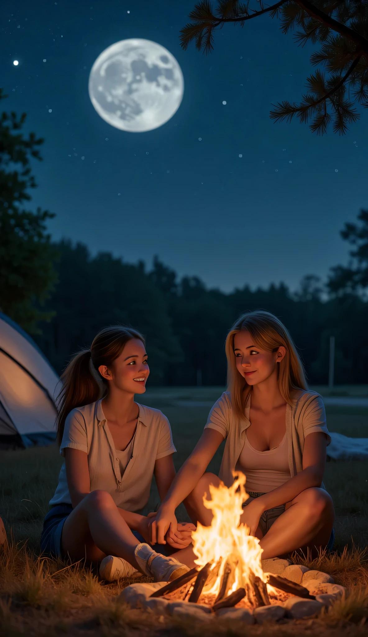 **" A warm summer night under the starry sky . A fire crackles in the middle of the stage , cast its flame warm the light on the faces of the seated couple . The starry sky stretches over them , and the big bright moon illuminates everything around with a silvery glow. Behind them is a tent , slightly illuminated by the reflected light of the campfire . A girl with freckles on her face sits by the fire , relaxing . She is carelessly wearing an unbuttoned shirt is draped , and underneath her is her tight shirt , figure that emphasizes her . The light of fire reflects in her eyes , and his lips are curved in the gentle , with a sincere smile . she smiles sweetly , listening to the guy , who enthusiastically tells something . Sometimes she laughs softly , , slightly lowering his head , Her face glows with happiness . the guy is sitting next to, his hand hugs girl by the shoulders , and her eyes are focused on her . He says something with a smile , His eyes are burning , and her gestures are light and relaxed . His voice is warm , calm, он словно делится something важным, something, that makes this moment special . } A light breeze shakes her hair , the glimmer of the fire plays on their skin . The atmosphere is filled with warmth , with comfort and romance . They are completely immersed in this moment , as if nothing else exists — only they , stars and the crackling of flame ."**