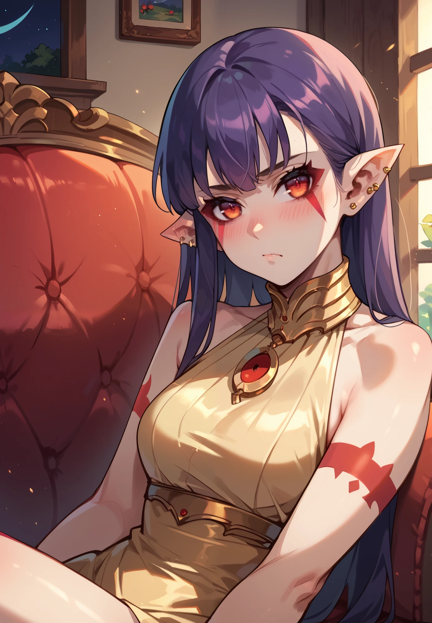 1girl, Esil, red markings under eyes, pouting, piercings, blush, golden dress, sitting on a couch, sexy pose, lustful, BREAK, night time, mountain cottage, cinematic lighting,