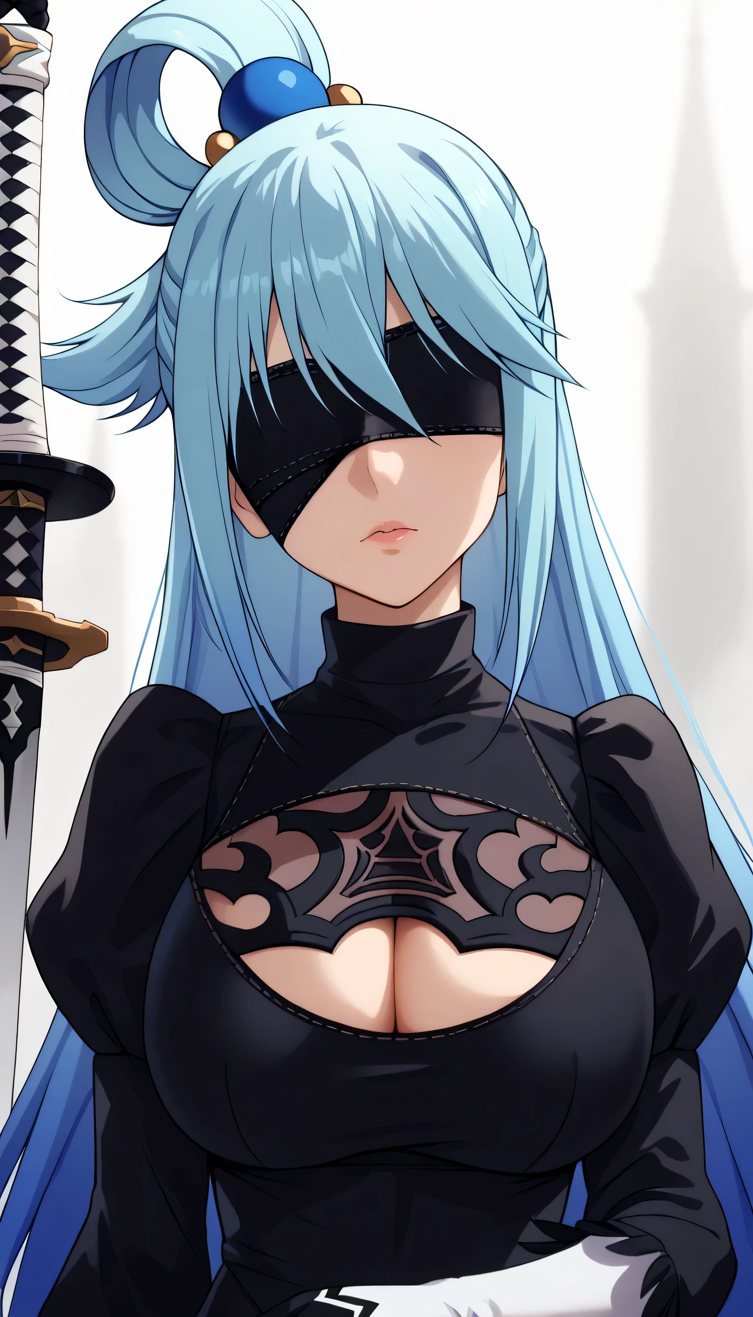 2bcosplay, 2b \(nier\:automata\) \(cosplay\), gloves, long sleeves, dress, puffy sleeves, black dress, clothing cutout, cleavage cutout, juliet sleeves, feather-trimmed sleeves, blindfold, black blindfold, covered eyes,Hold the katana sword,huge breast ,aqua \(konosuba\), long hair, blue eyes, hair ornament, very long hair, blue hair, hair rings, single hair ring, hair bobbles,