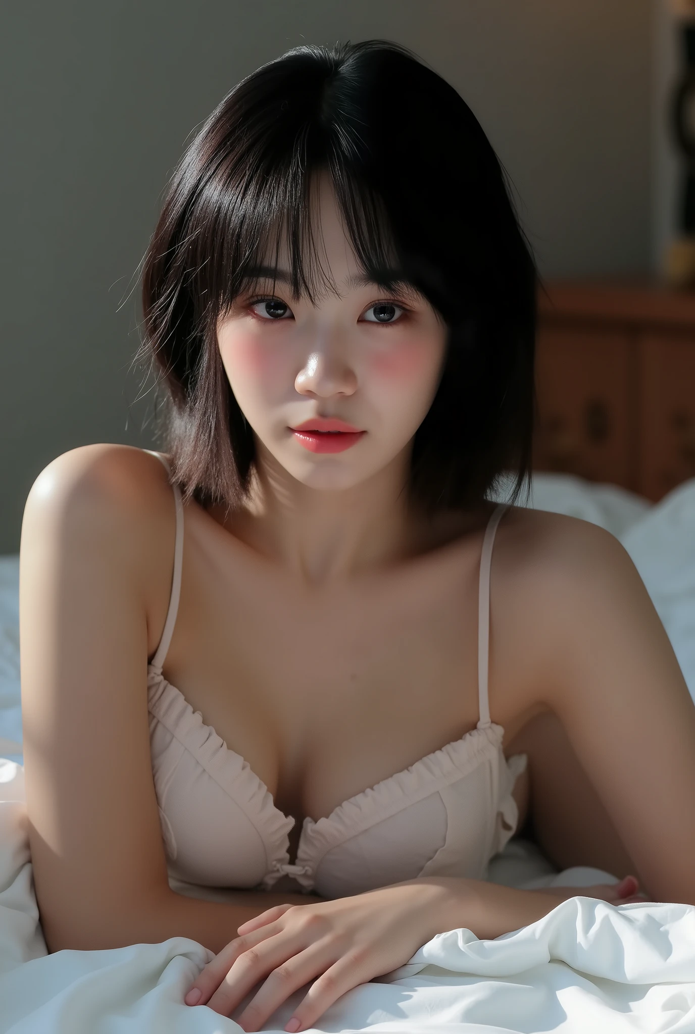 very detailed, high resolution, realistic, RAW photos, ((real person)), detailed skin, photorealistic, masterpiece, best quality, high resolution, 4K, textured skin,(full body nude) ,(Quality exposure), (legs apart), (dynamic angle), volume, Gorgeous 1 korean girl photos, in bed , 24 inch chest , Goddess body, black hair, (short hair), Best dramatic shadows, best lighting, (A beautiful face depicted in detail), (high quality), (Ultra-detailed) , (high resolution), (masterpiece), (Complex and beautiful), (very beautiful), 12k, Crazy details, (great composition) Focus on the hair of the vagina, clitoris, Mute Highlights