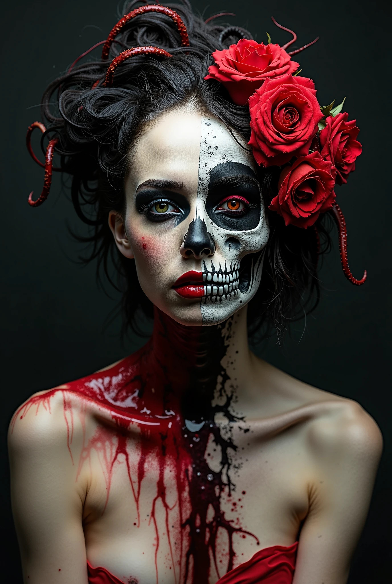 State of Decay, beautiful skeleton, whimsical by russ mills by anna dittman, spooky dark background, skull, bones, ruby, long wavy hair, scenic, cute, adorable, pretty, 8k resolution concept art portrait by Greg Rutkowski, Artgerm, WLOP, Alphonse Mucha Hyper-Detailed Dynamic Lighting Intricately Detailed Splash Art Triadic Color Trend Artstation Unreal Engine 5 Volumetric Lighting, Gothic, High Res, Close-up Portrait, Ambient Light, Nikon 15mm f/1.8G, by GIlSam-paio octane rendering representing innovation and truth, 8k, by Lee Jeffries, Alessio Albi, Adrian Kuipers, glamour, intricate detailed environment, lace, stains, dark watercolor background, masterpiece, ornate, depth
